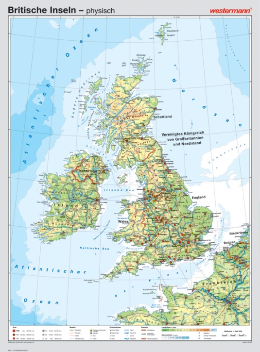 Wandkarte Britische Inseln, phys./pol., 147x205 cm, mit Bestäbung