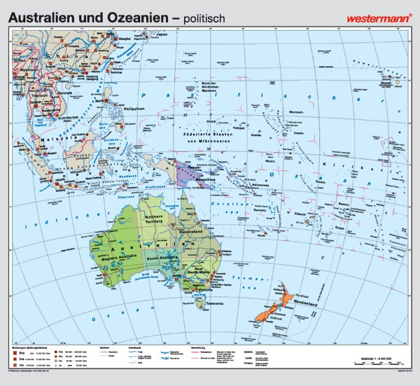 Wandkarte Australien u. Ozeanien, phys./pol., 158x145cm