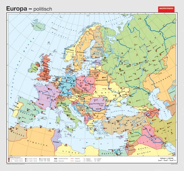 Wandkarte Europa, physisch / politisch, 155x144 cm