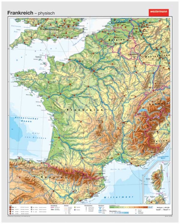 Wandkarte Frankreich, physisch/politisch, mit Bestäbung, 147x183cm