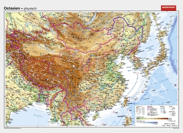 Wandkarte Ostasien China, physisch/politisch, 202x147cm