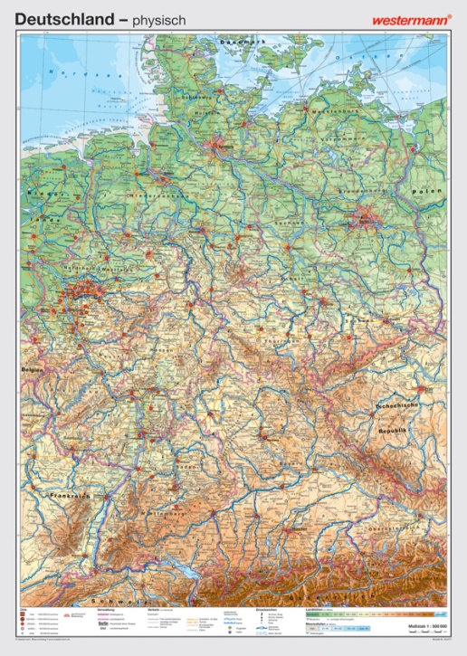 Wandkarte Deutschland, physisch/stumm, 100x140cm