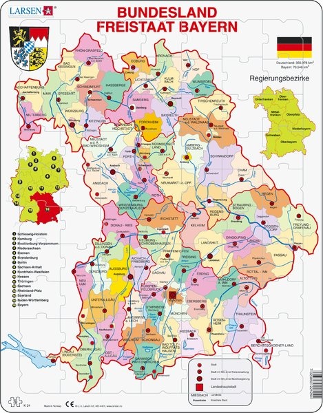 Puzzle - Freistaat Bayern, politisch, Format 36,5x28,5 cm, Teile 70