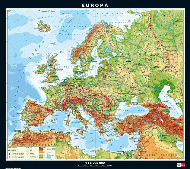 Normalformat Wandkarte Europa phys/pol., Lehrmittel für Geografie