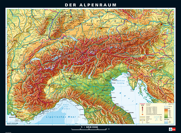 Wandkarte Alpenländer phys./pol., Lehrmittel für Geografie