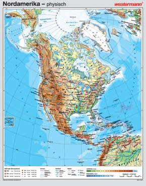 Wandkarte Nordamerika, phys./pol. 131x167cm, mit Bestäbung