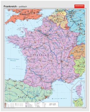 Wandkarte Frankreich, physisch/politisch, mit Bestäbung, 147x183cm
