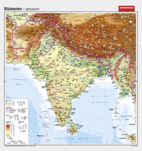 Wandkarte Südasien Indien, physisch-politisch, 147x157